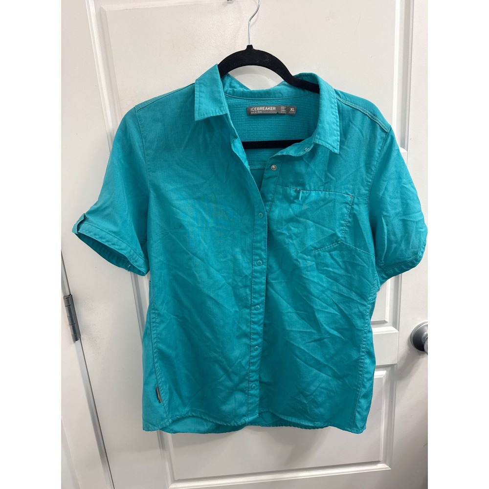 Icebreaker Merino Wool Short Sleeve Button Down Shirt Teal Blue Womens XL